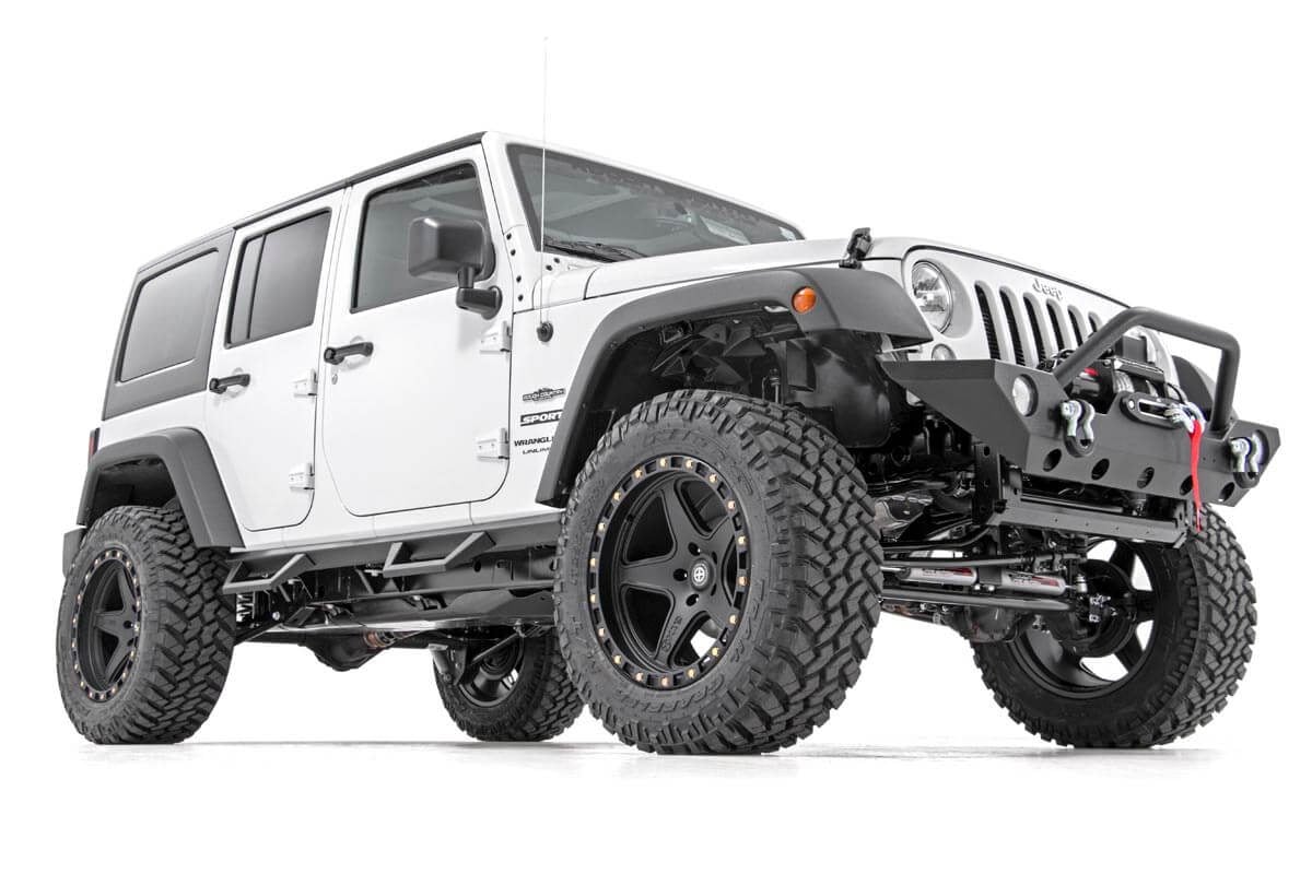 Jeep Wrangler Unlimited Contoured Drop Steps - 4 Door - Rough Country - Drop step design - Textured Black - '07-'18